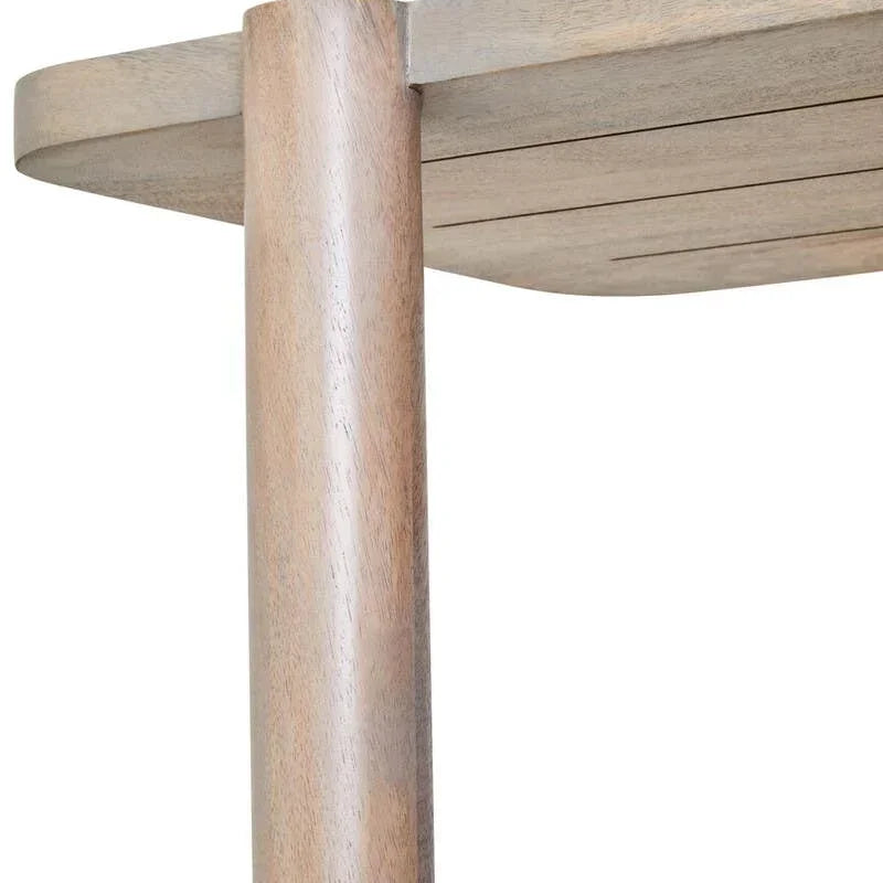 Closeup of solid wood table leg and corner, light natural finish, modern furniture style