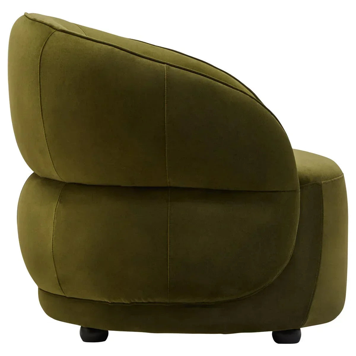 Olive green velvet armchair side view with curved backrest and plush upholstery