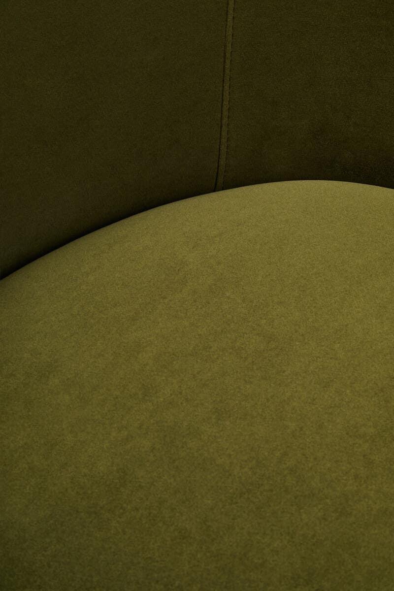 Closeup of olive green fabric armchair seat and backrest with visible stitching