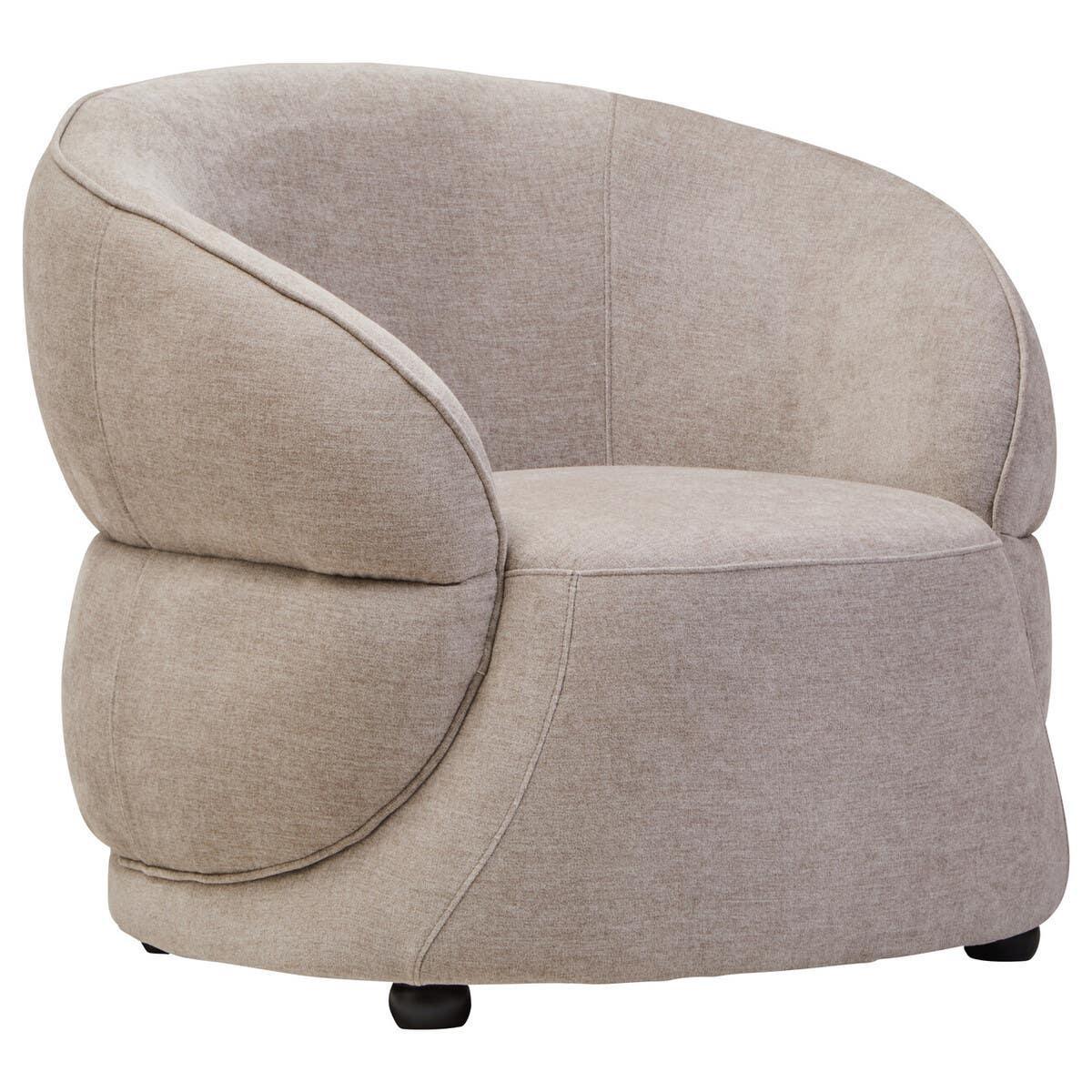 Beige fabric swivel accent chair with rounded back and armrest, shown from front angle