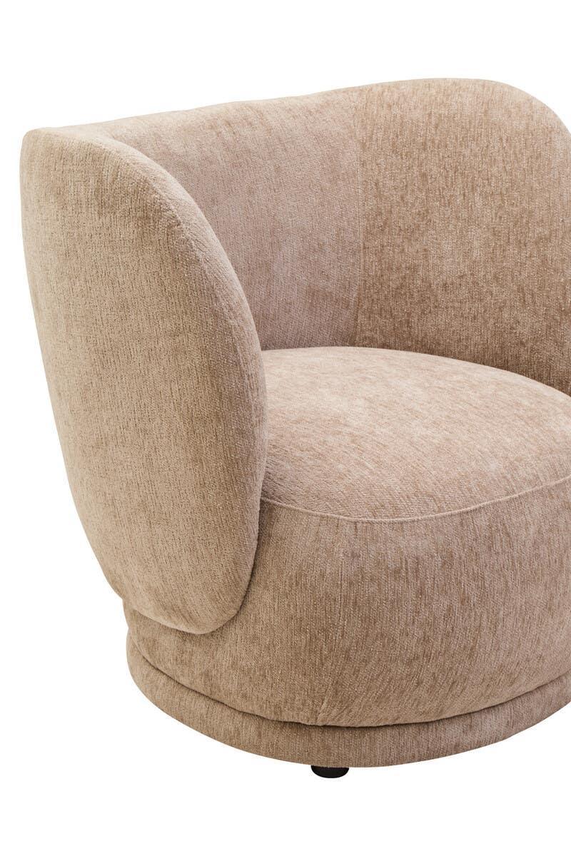 Beige fabric swivel accent chair with curved backrest and rounded seat
