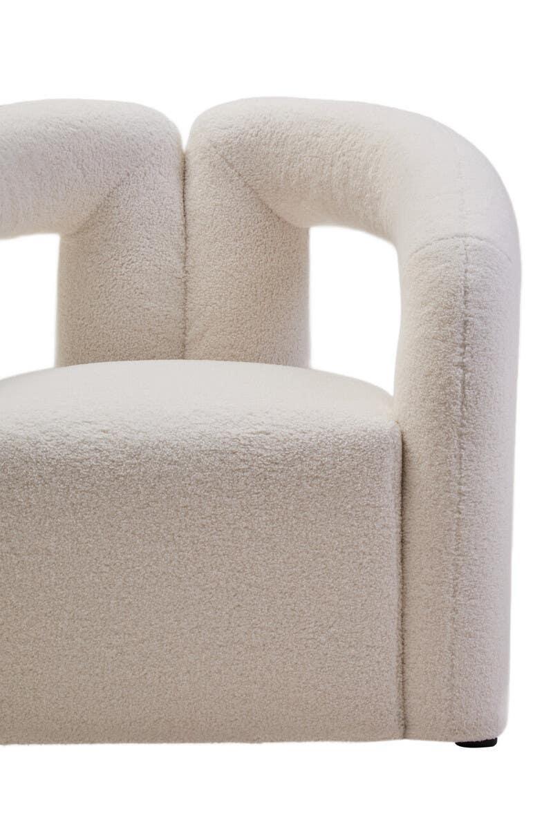 Curved cream fabric armchair with boucle upholstery and modern design, front angle view