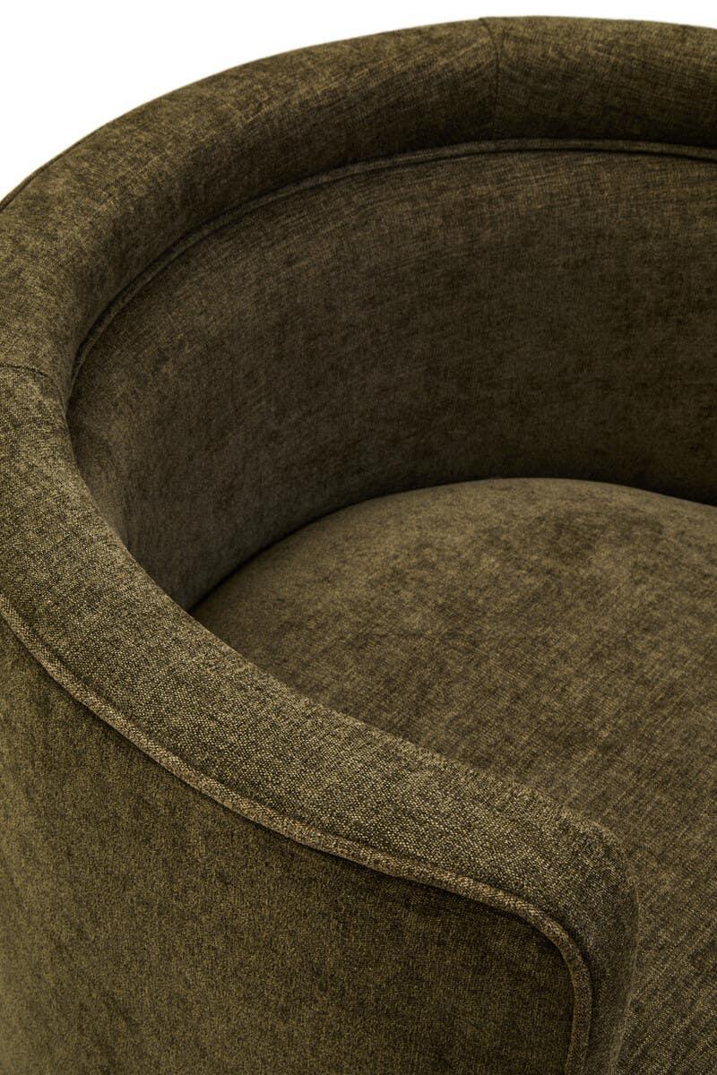 Close-up of brown fabric armchair with curved backrest and cushioned seat