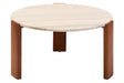 Round coffee table featuring a natural travertine marble top with subtle veining and a sturdy acacia wood base.