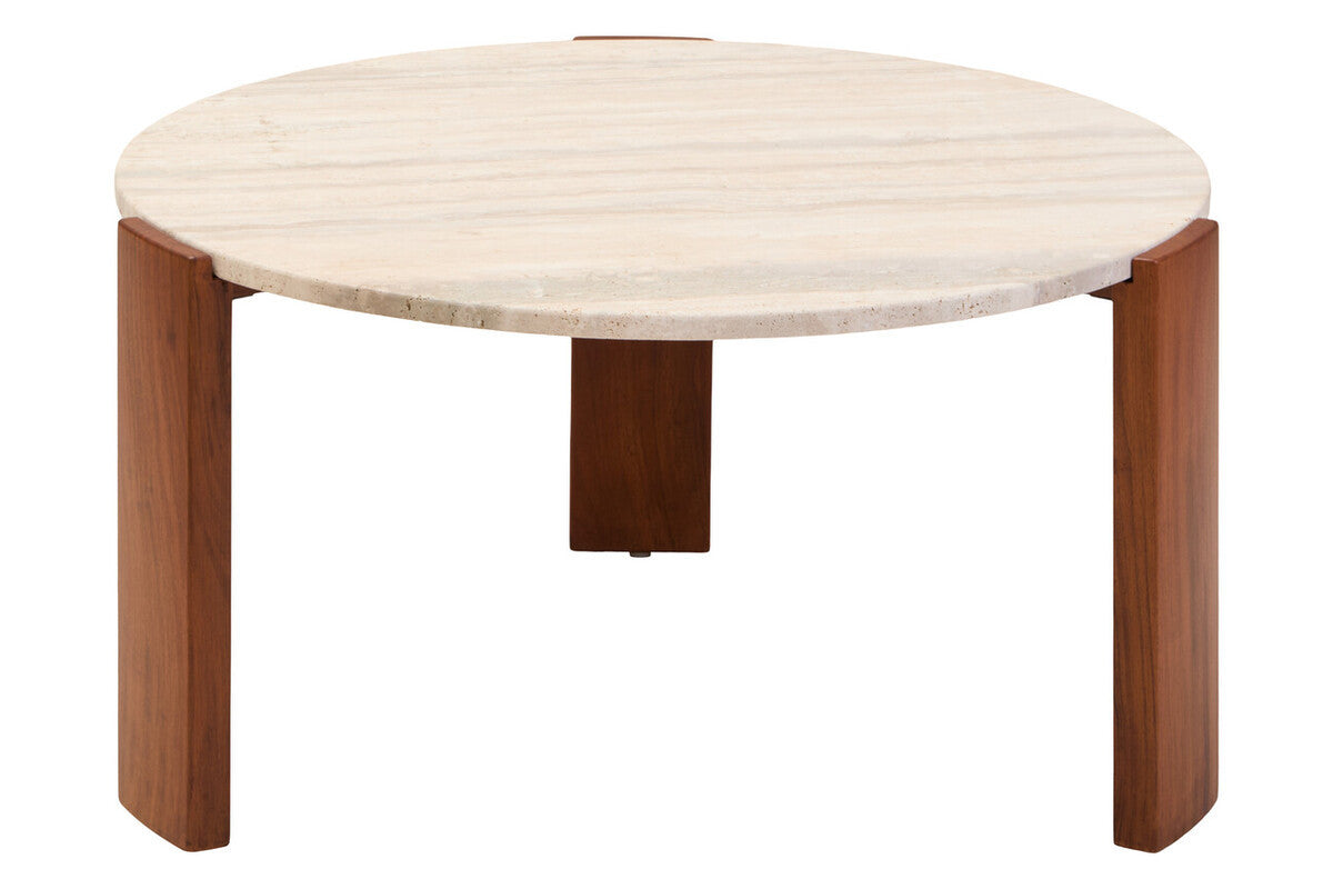 Round coffee table featuring a natural travertine marble top with subtle veining and a sturdy acacia wood base.