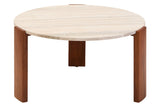 Round coffee table featuring a natural travertine marble top with subtle veining and a sturdy acacia wood base.