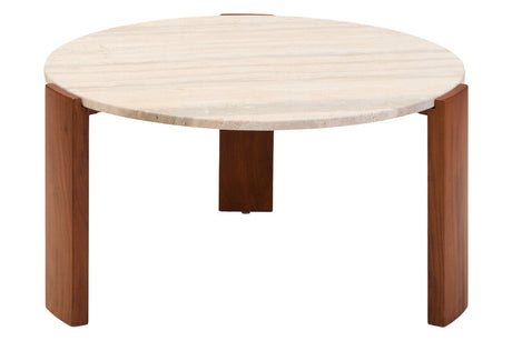 Round coffee table featuring a natural travertine marble top with subtle veining and a sturdy acacia wood base.