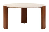 Round coffee table featuring a natural travertine marble top with subtle veining, supported by sturdy acacia wood legs.