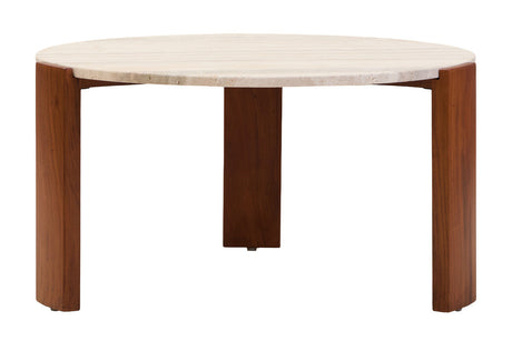 Round coffee table featuring a natural travertine marble top with subtle veining, supported by sturdy acacia wood legs.