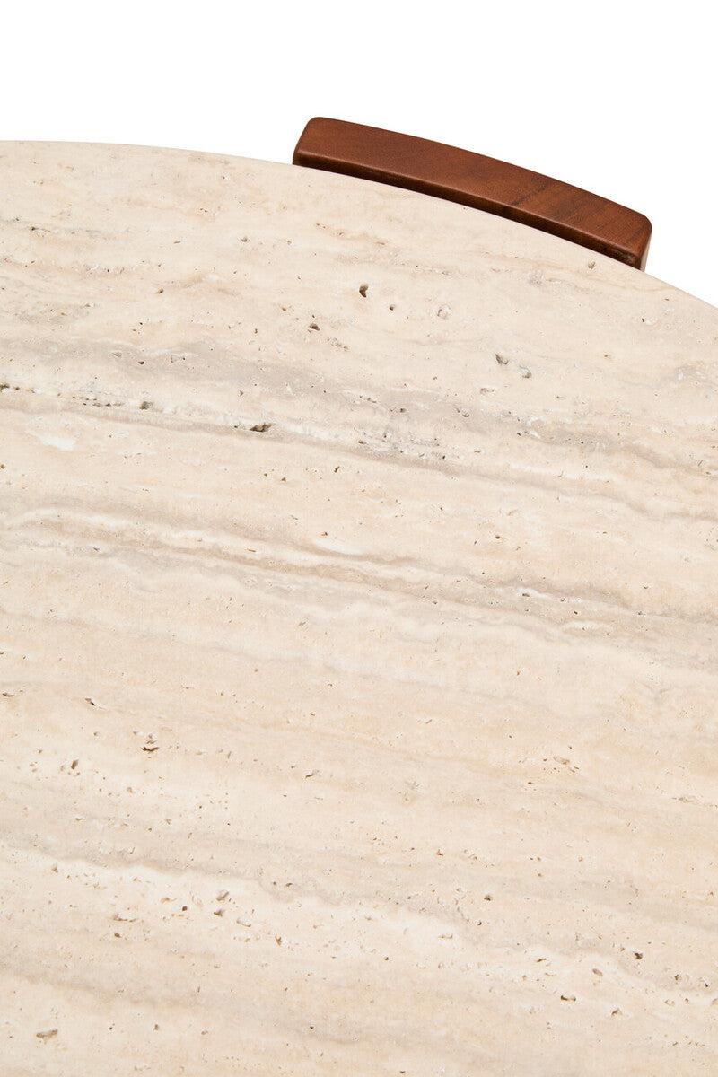 Round coffee table featuring a natural travertine marble top with subtle beige and cream veining, complemented by a sleek acacia wood handle.