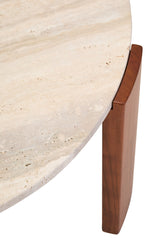 Round coffee table featuring a natural travertine marble top with subtle beige and cream tones, complemented by sturdy acacia wood legs.