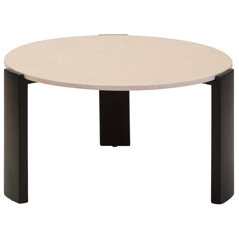 Round coffee table featuring a cream marble top with a smooth finish, supported by four sturdy black acacia wood legs.