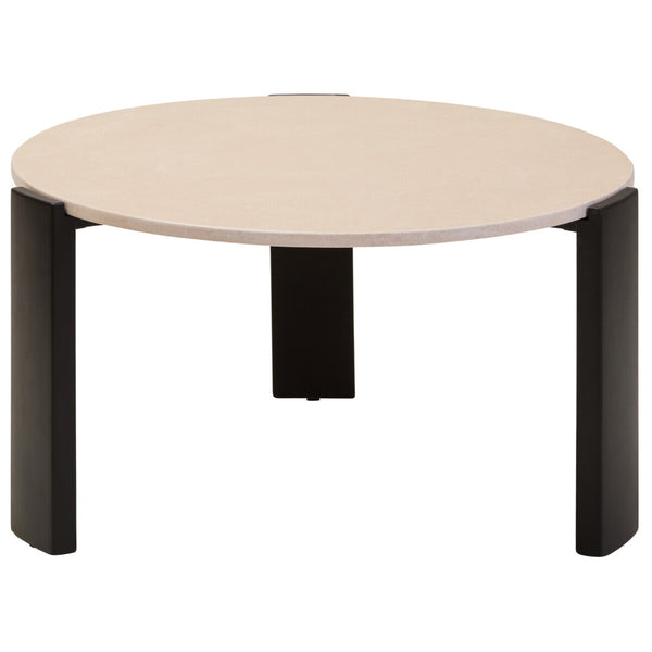Round coffee table featuring a cream marble top with a smooth finish, supported by four sturdy black acacia wood legs.