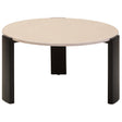 Round coffee table featuring a cream marble top with a smooth finish, supported by four sturdy black acacia wood legs.
