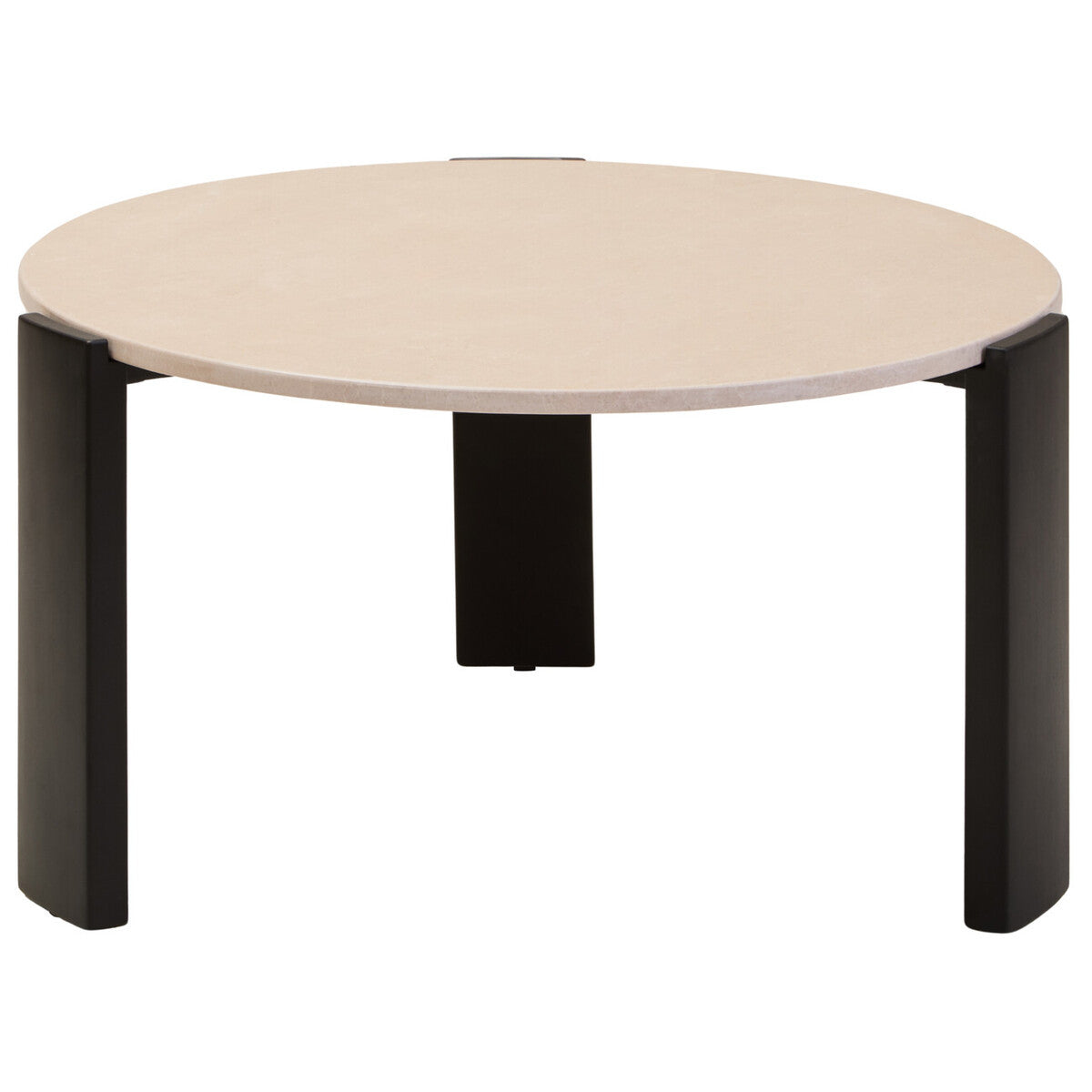 Round coffee table featuring a cream marble top with a smooth finish, supported by four sturdy black acacia wood legs.