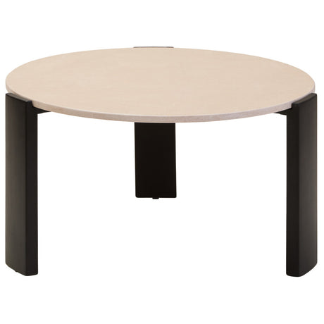 Round coffee table featuring a cream marble top with a smooth finish, supported by four sturdy black acacia wood legs.