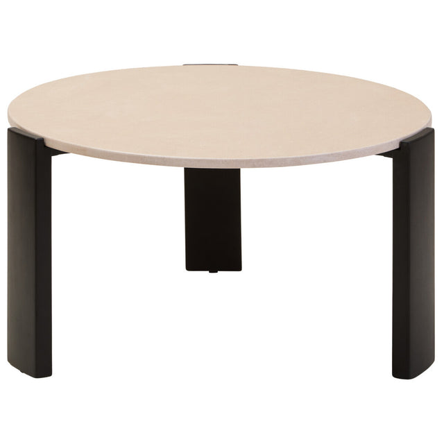 Round coffee table featuring a cream marble top with a smooth finish, supported by four sturdy black acacia wood legs.