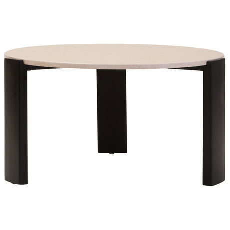Round coffee table featuring a cream marble top with a smooth finish, supported by four sturdy black acacia wood legs.