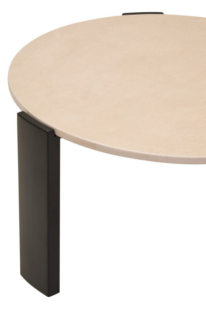 Round cream marble top coffee table featuring a smooth surface and sleek black acacia wood legs.