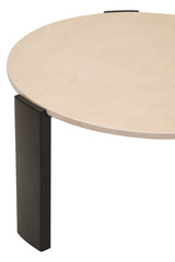 Round cream marble top coffee table featuring a smooth surface and sleek black acacia wood legs.