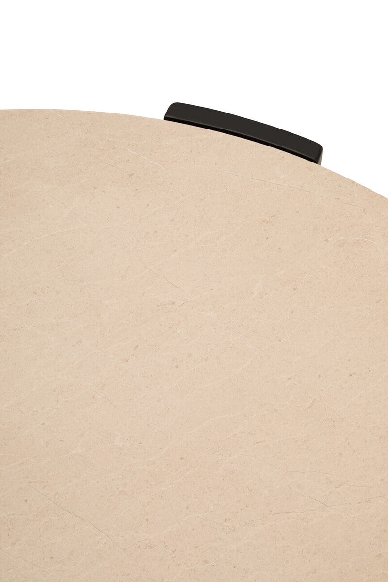 Cream marble tabletop with subtle veining and a smooth finish, featuring a sleek black handle on the edge for easy maneuverability.