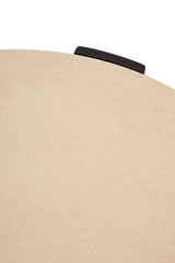 Cream marble tabletop with subtle veining and a smooth finish, featuring a sleek black handle on the edge for easy maneuverability.