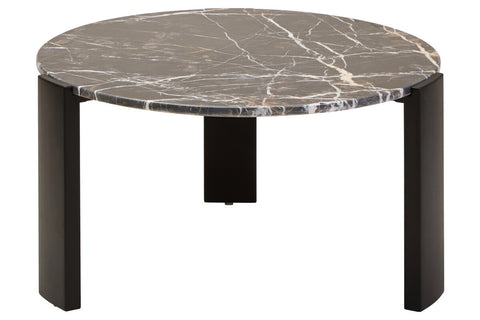 Round coffee table featuring a luxurious black and gold marble top with intricate veining, supported by sleek black acacia wood legs.