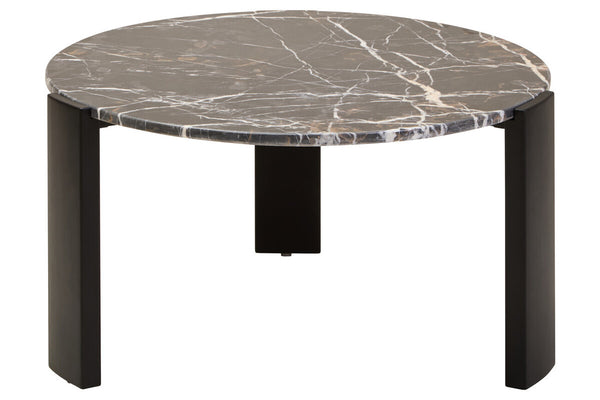 Round coffee table featuring a luxurious black and gold marble top with intricate veining, supported by sleek black acacia wood legs.