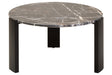 Round coffee table featuring a luxurious black and gold marble top with intricate veining, supported by sleek black acacia wood legs.
