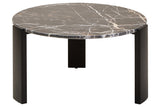 Round coffee table featuring a luxurious black and gold marble top with intricate veining, supported by sleek black acacia wood legs.
