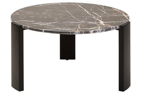 Round coffee table featuring a luxurious black and gold marble top with intricate veining, supported by sleek black acacia wood legs.