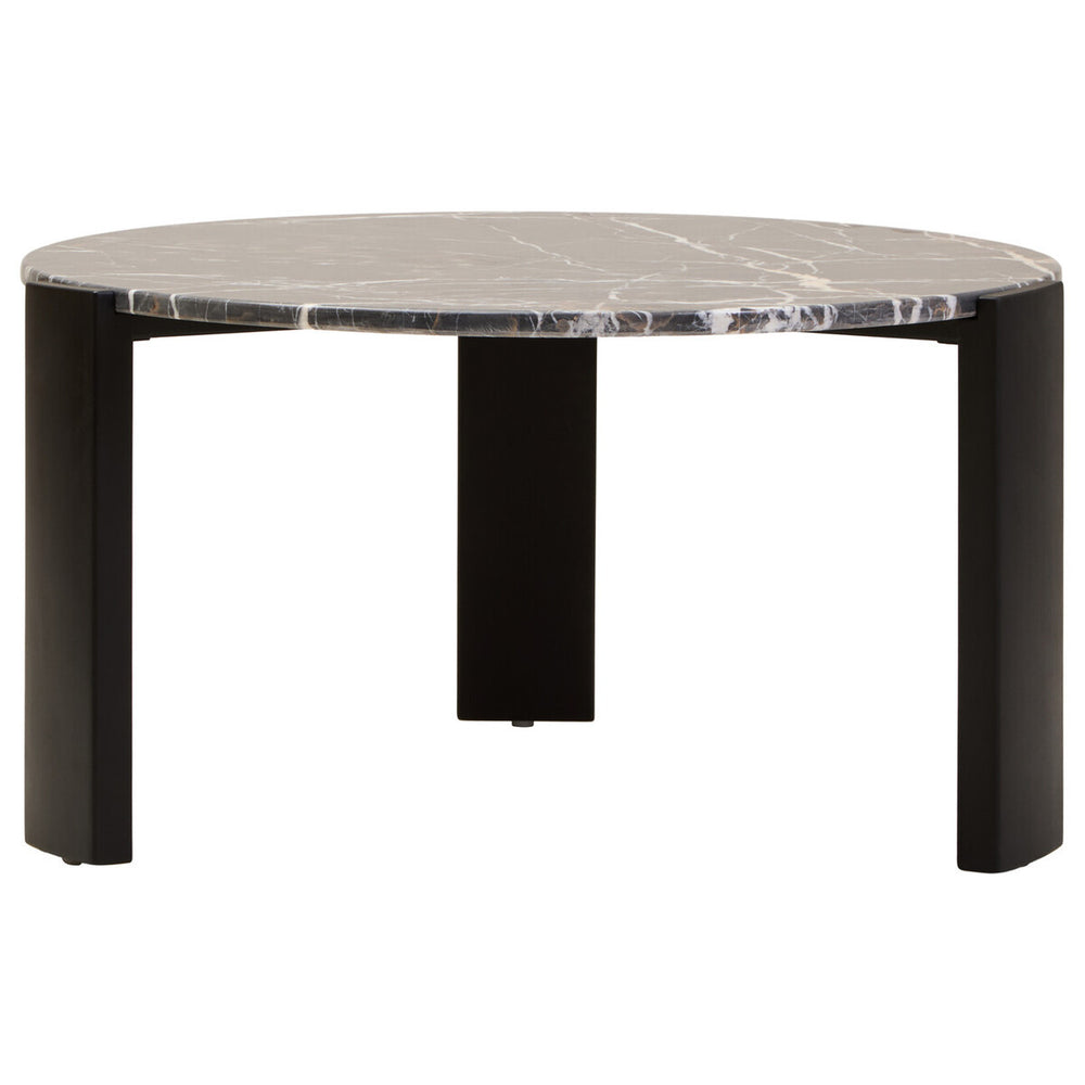 Round coffee table featuring a black marble top with striking white veining, supported by sturdy black acacia wood legs.