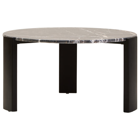Round coffee table featuring a black marble top with striking white veining, supported by sturdy black acacia wood legs.