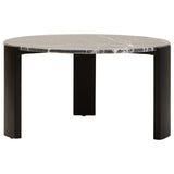 Round coffee table featuring a black marble top with striking white veining, supported by sturdy black acacia wood legs.