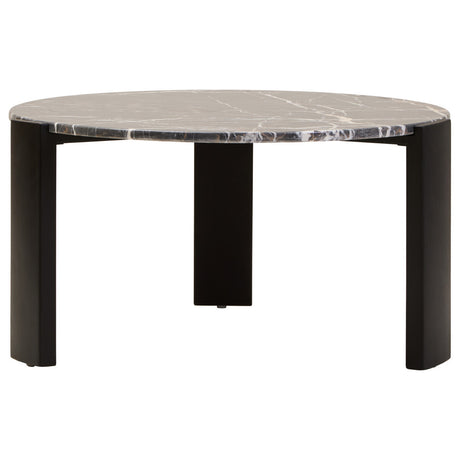 Round coffee table featuring a black marble top with striking white veining, supported by sturdy black acacia wood legs.
