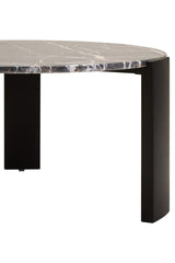 Round coffee table featuring a luxurious black and gold marble top with striking white veining. The sturdy base is crafted from dark acacia wood, providing a modern contrast.