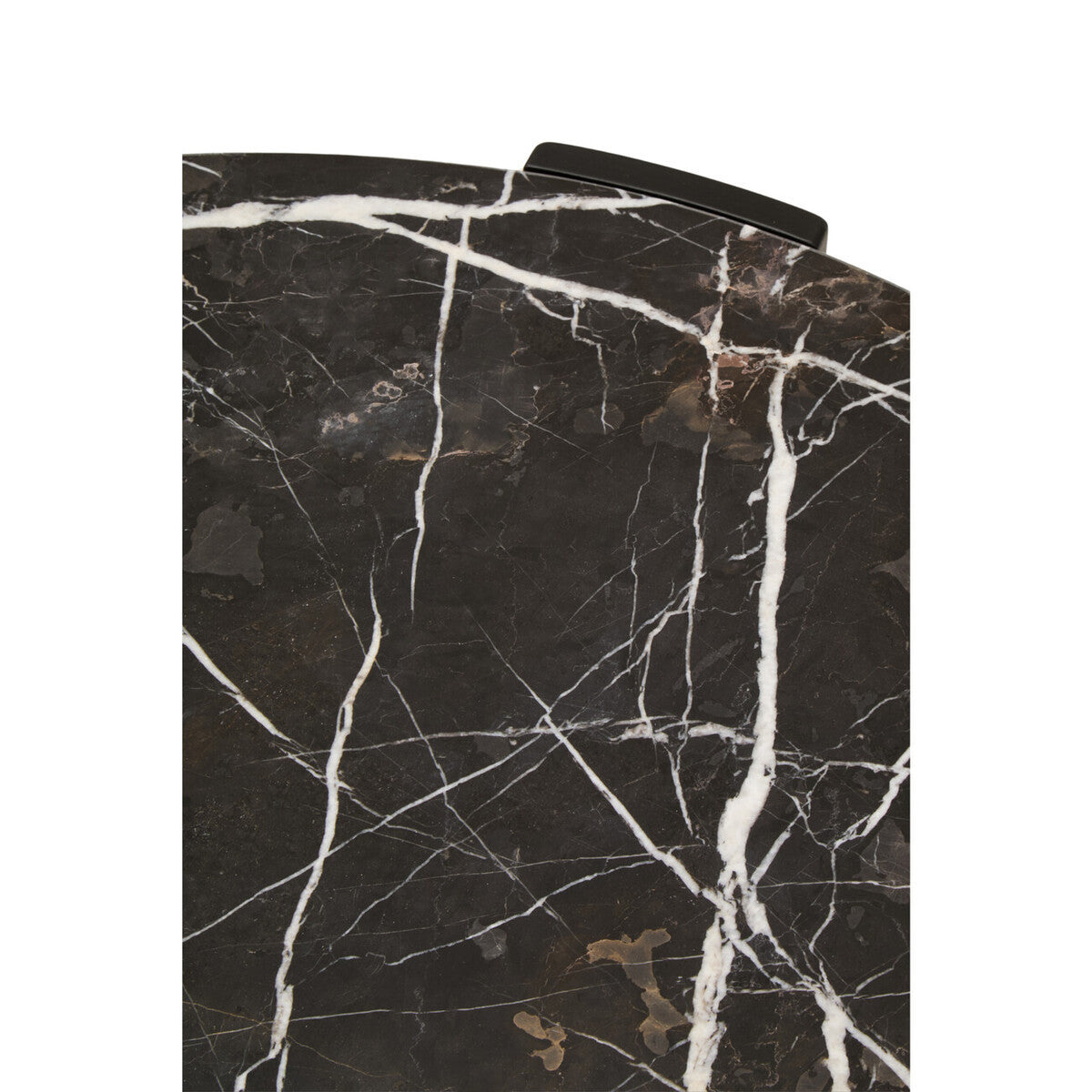 Round coffee table featuring a luxurious black marble top with striking white veining, complemented by a sleek black edge.