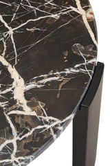 Round coffee table featuring a striking black marble top with intricate white and gold veining, complemented by sleek black acacia wood legs.