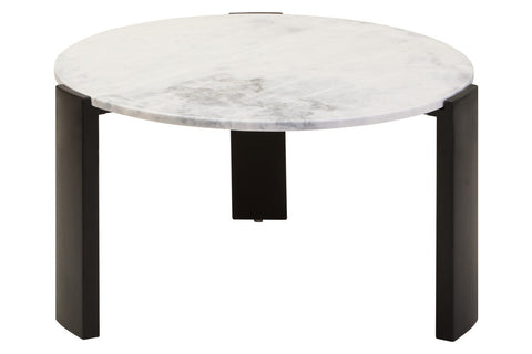 Round coffee table featuring a white marble top with subtle gray veining, supported by sleek black acacia wood legs.