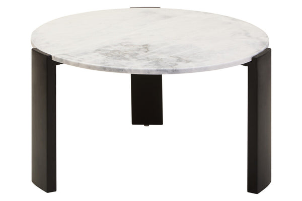 Round coffee table featuring a white marble top with subtle gray veining, supported by sleek black acacia wood legs.