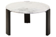 Round coffee table featuring a white marble top with subtle gray veining, supported by sleek black acacia wood legs.