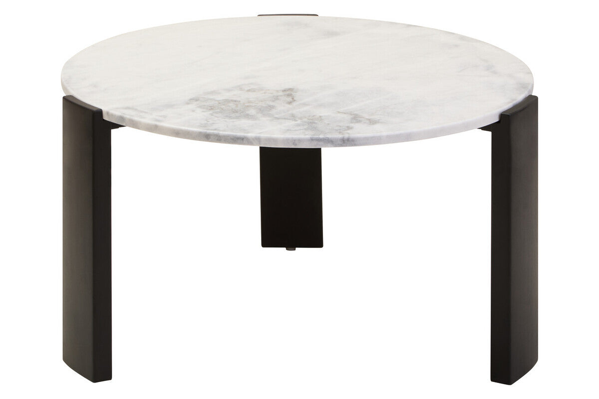 Round coffee table featuring a white marble top with subtle gray veining, supported by sleek black acacia wood legs.