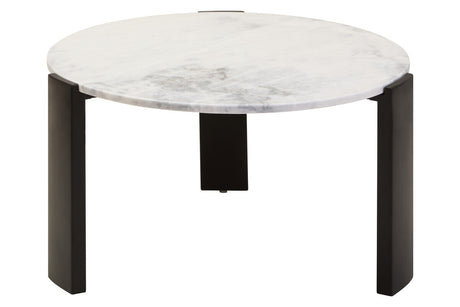 Round coffee table featuring a white marble top with subtle gray veining, supported by sleek black acacia wood legs.