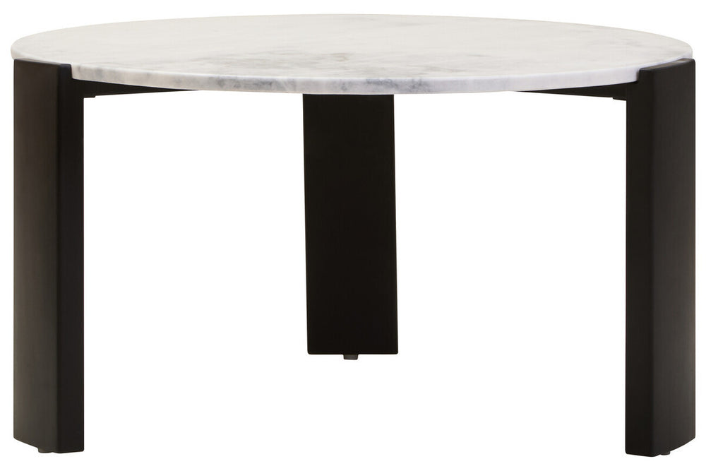 Round coffee table featuring a sleek white marble top with subtle gray veining, supported by sturdy black acacia wood legs.