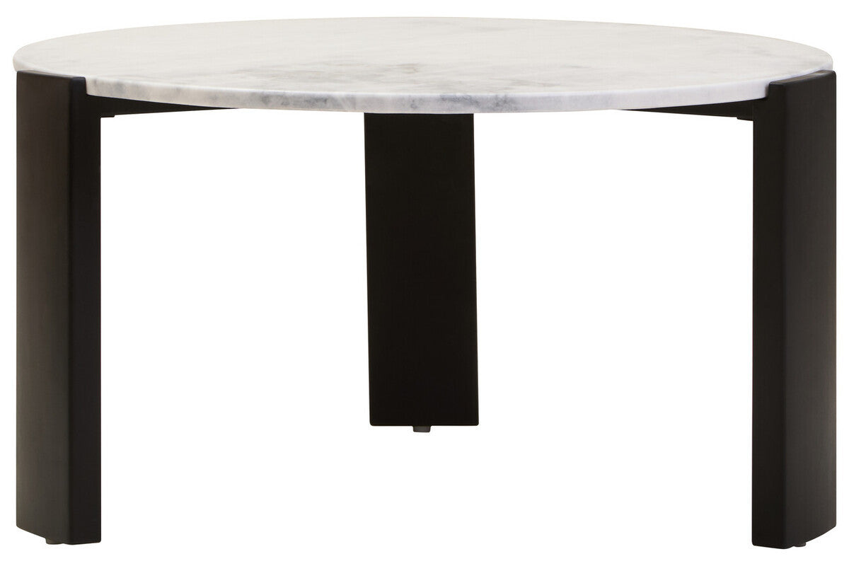 Round coffee table featuring a sleek white marble top with subtle gray veining, supported by sturdy black acacia wood legs.