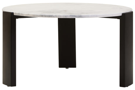 Round coffee table featuring a sleek white marble top with subtle gray veining, supported by sturdy black acacia wood legs.