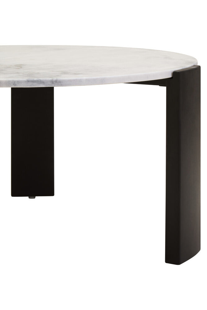 Round coffee table featuring a sleek white marble top with subtle gray veining, supported by sturdy black acacia wood legs.