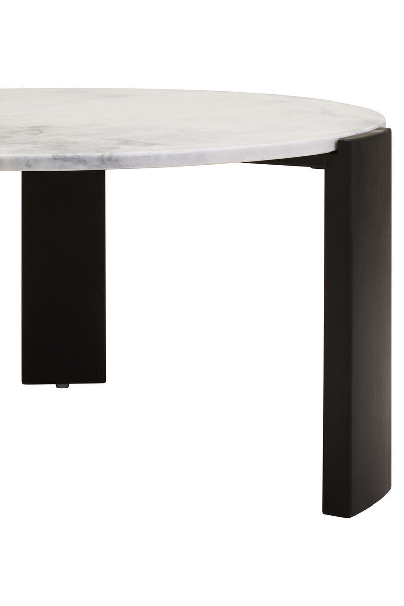 Round coffee table featuring a sleek white marble top with subtle gray veining, supported by sturdy black acacia wood legs.