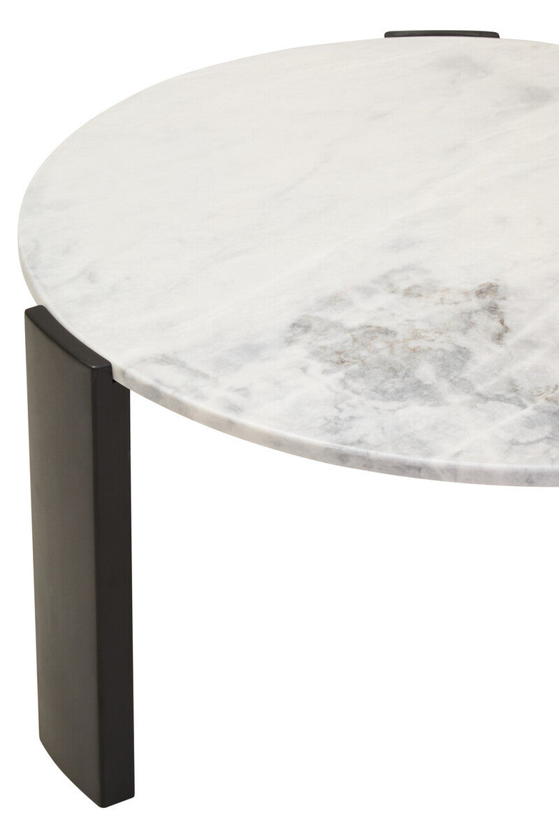 Round coffee table featuring a smooth white marble top with subtle gray veining, supported by sleek black acacia wood legs.
