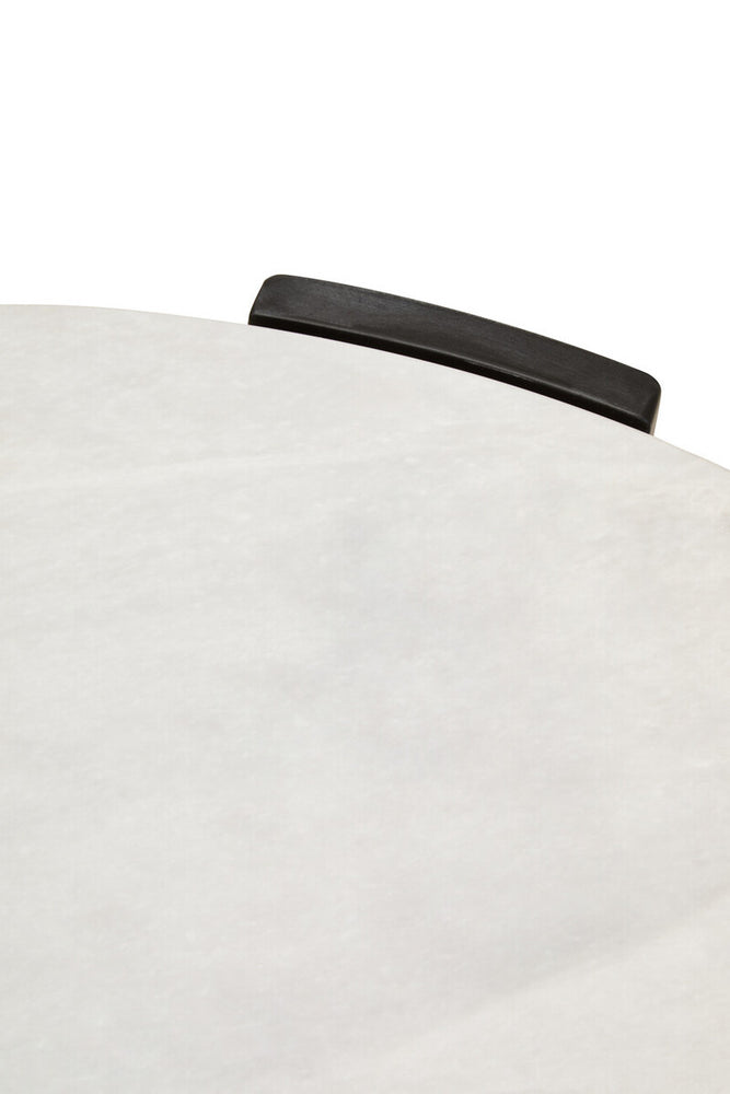 Round coffee table featuring a smooth white marble top with subtle veining, complemented by a sleek black wooden handle.